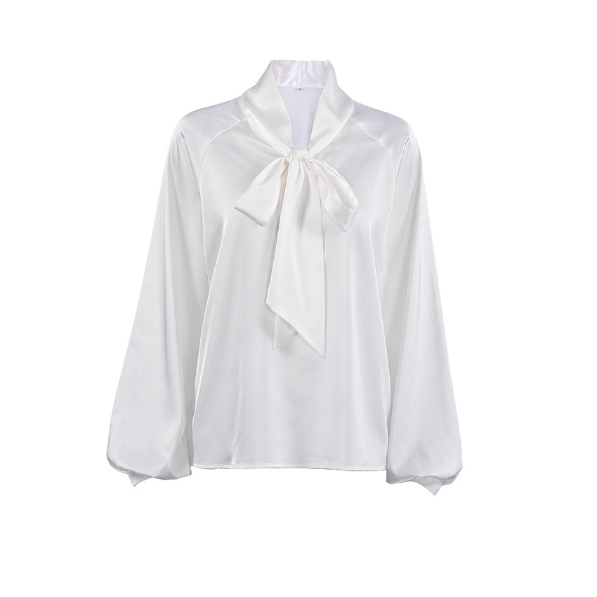 Design Sense French Style Bow Shirt Women's Loose Commuter Satin Base Shirt Young Business Clothing