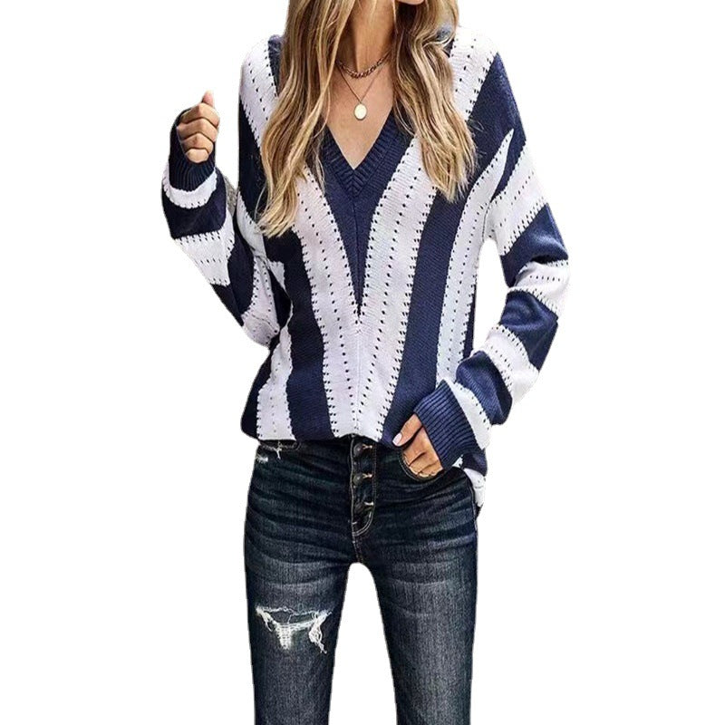 Bestseller V-neck Sweater Loose Color Matching Simple All-Match Large Size Sweater