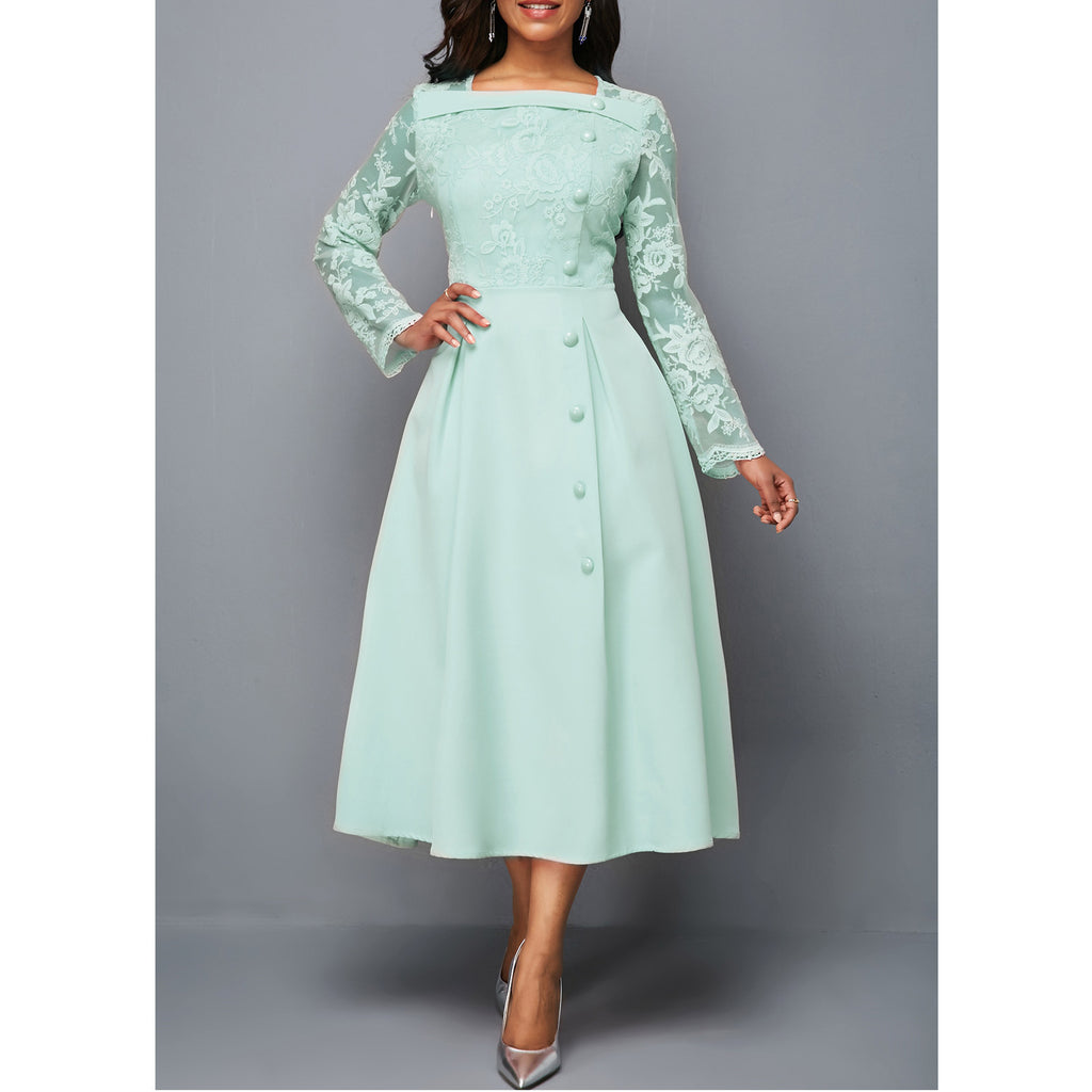 Women's round Neck Lace Dress High Waist Long Sleeves Printed Midi Dress