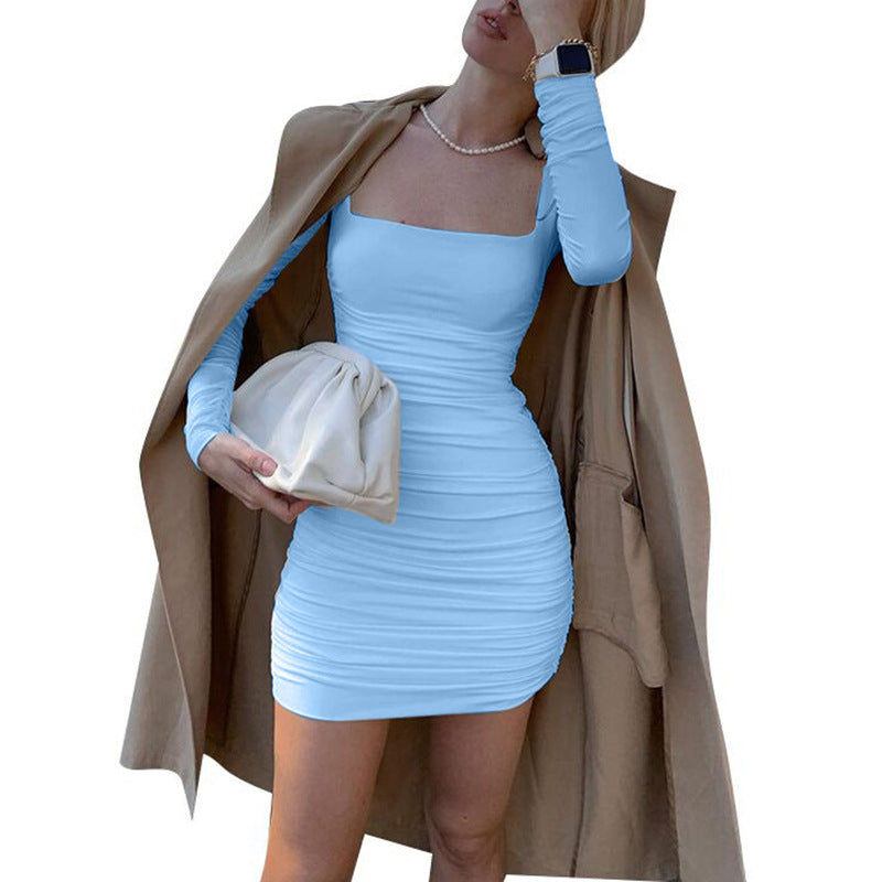 Elegant Intellectual Temperament Slim-Fit Pleated Dress Long Sleeve off Shoulder Close-Fitting Bottoming Short Skirt