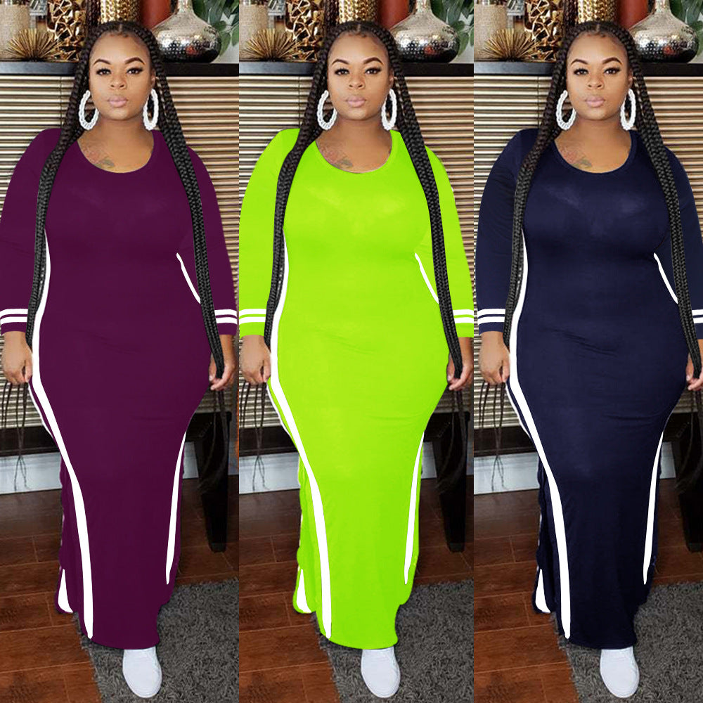 Autumn and Winter Solid Color Striped Patchwork Long Dress round Neck Long Sleeve Split plus Size Dress