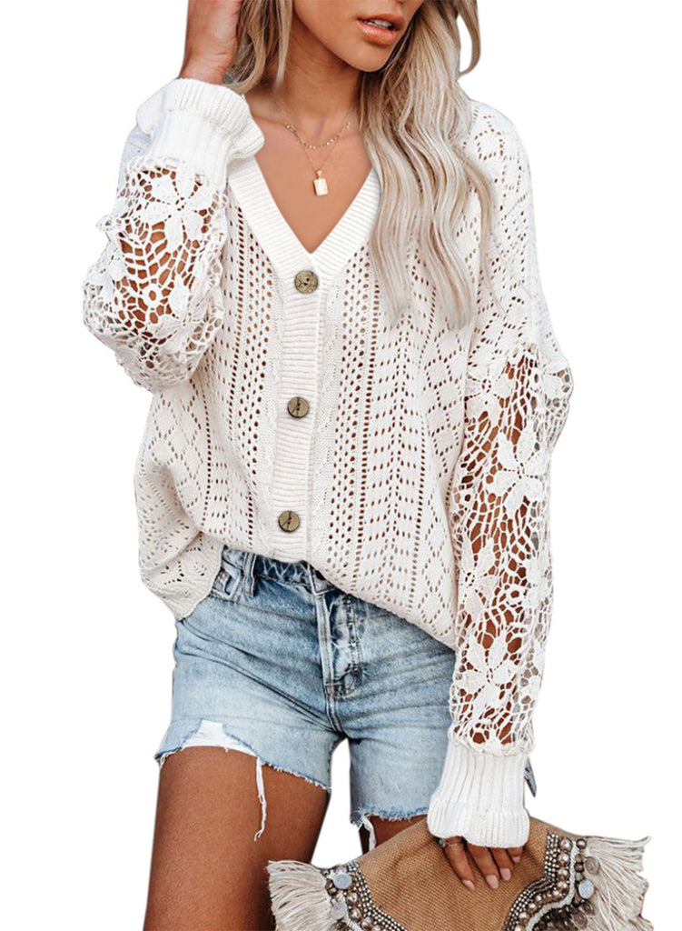 Casual Pure Color All-Matching Cardigan Sweater European and American Hollow Lace Long Sleeve V-neck Sweater Top Women