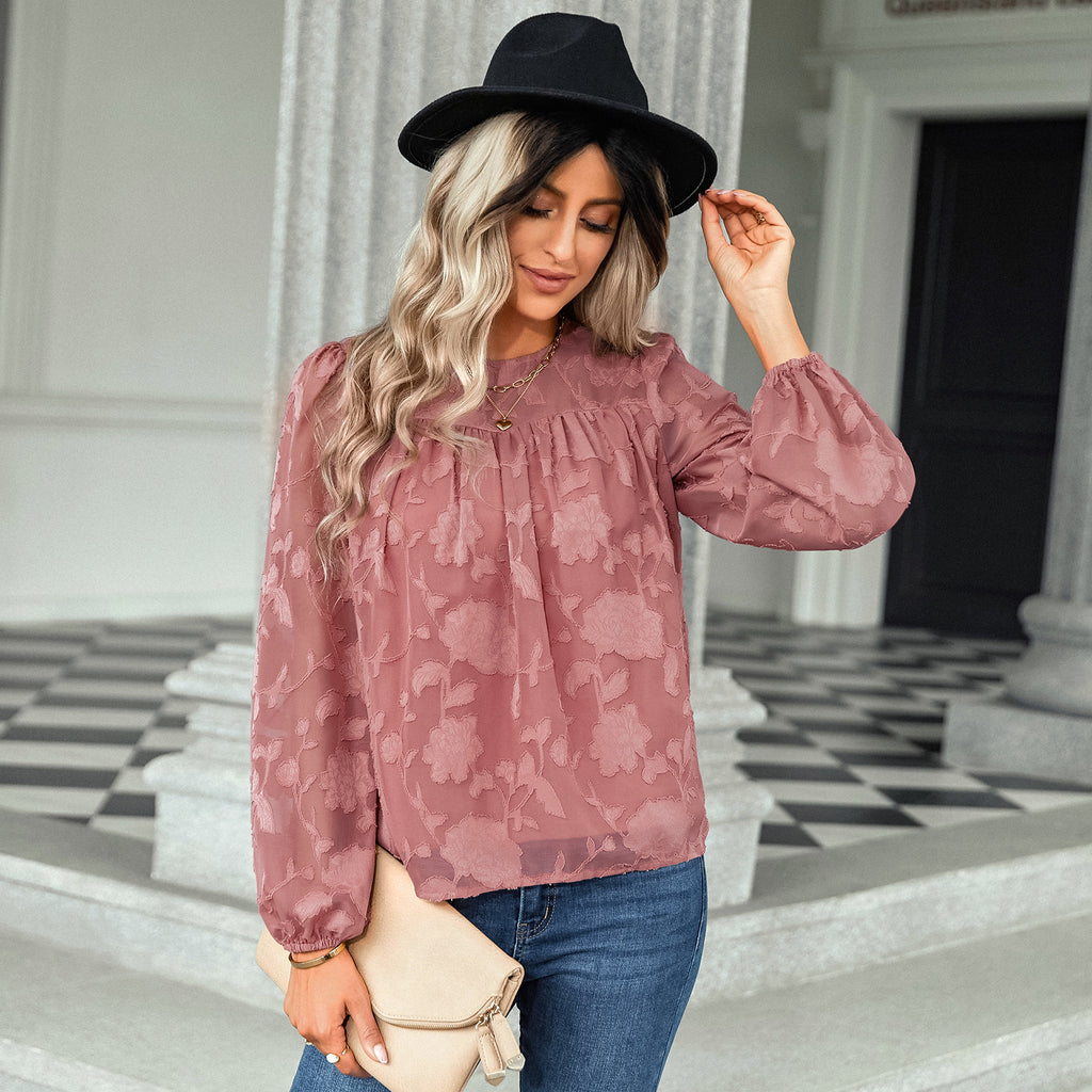 2022 New Jacquard round Neck Top Women's American Station Cross-Border European and American Women's Clothing Loose Chiffon Shirt