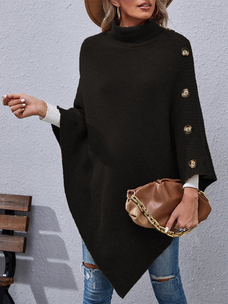 Button Turtleneck Irregular Sweater Shawl Cape Women