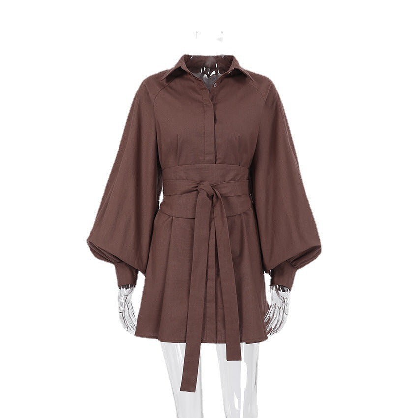 European and American Long Sleeve Short Dress Temperament Commute Shirt Dress Pure Cotton Niche Dress