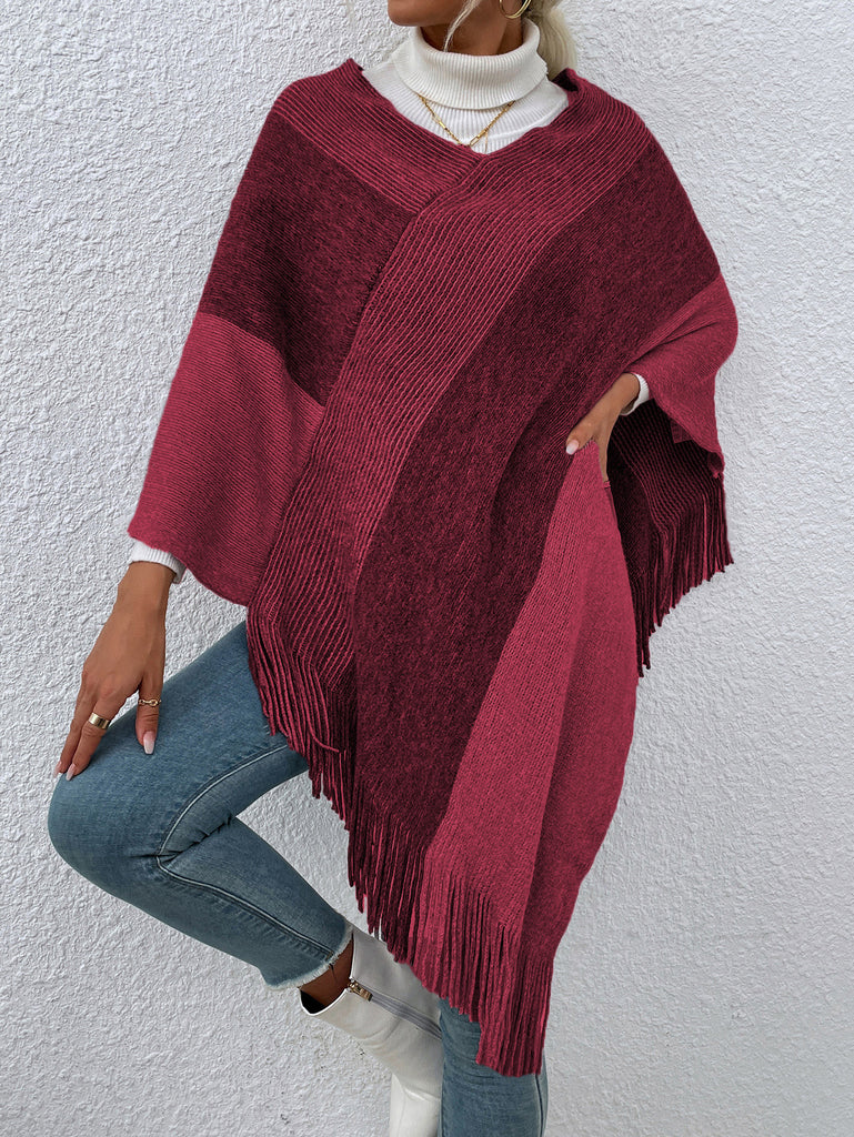 Autumn and Winter New Striped Contrast Color Tassel Shawl Sweater Cloak