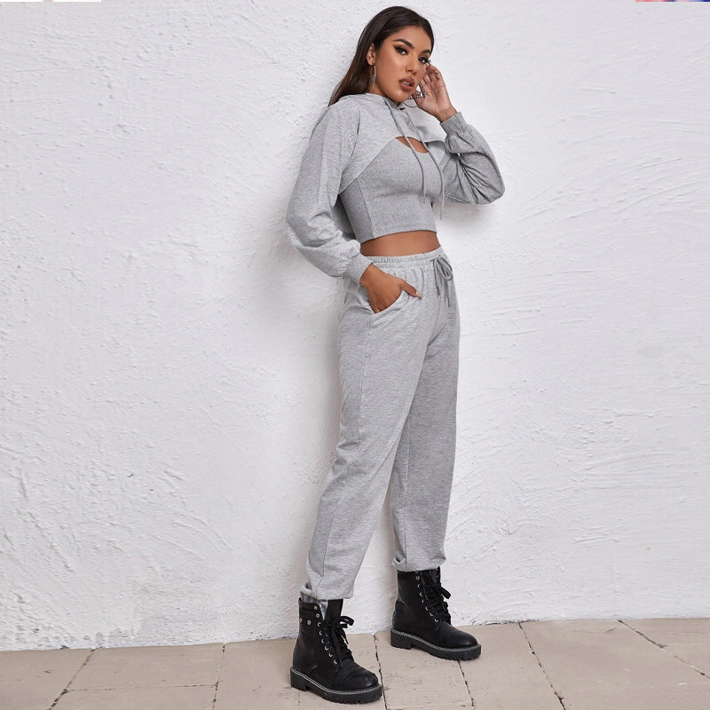 2022 Women's Spring Hoodie Loose Vest Sweatshirt and Sweatpants Sports Slow Running Three-Piece Suit