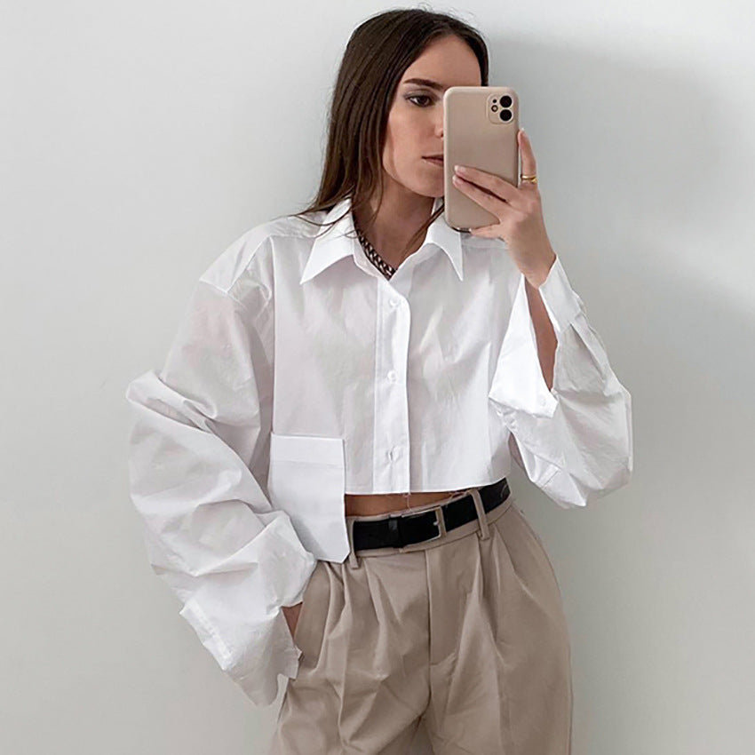 Asymmetric Short-Stitched White Shirt Cropped Fashion Casual Dignified Design Women's Clothing