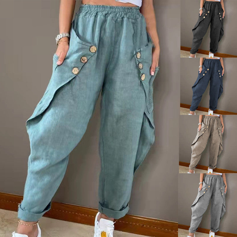 Casual Pocket Button Waist Trimming Casual Trousers