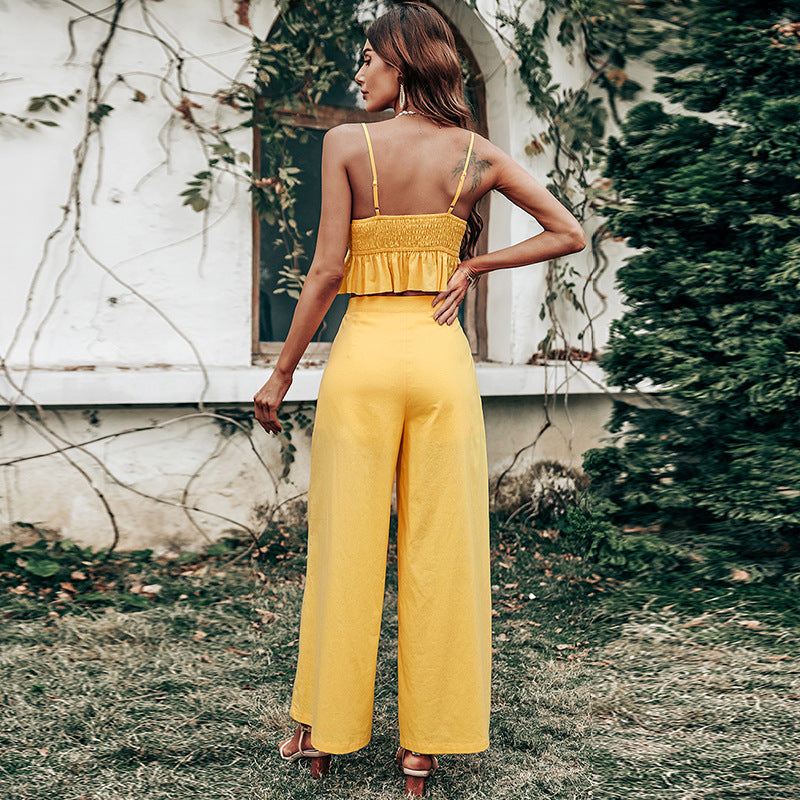 Yellow Vest Top Backless Sexy Sling Casual One-Piece Trousers Two-Piece Suit