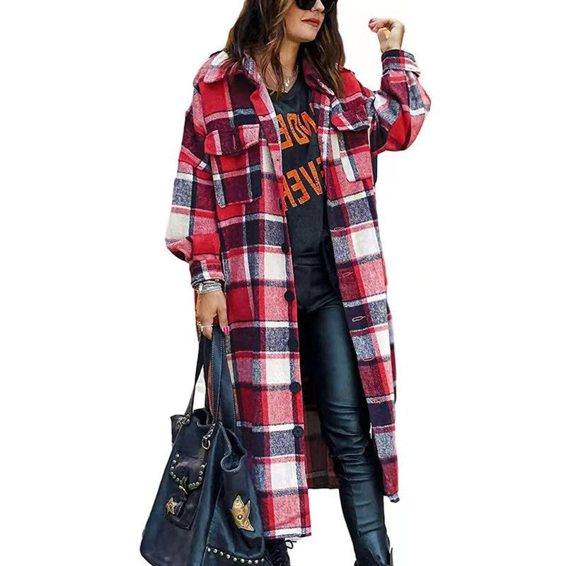 Long Sleeve Loose Button Plaid Shirt Woolen Coat Long