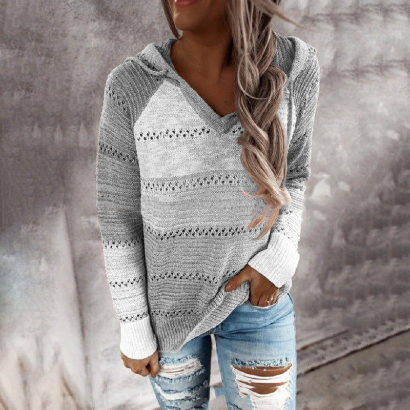 Contrast Color Sweater Women's V-neck Hooded Knitted Sweater for Women