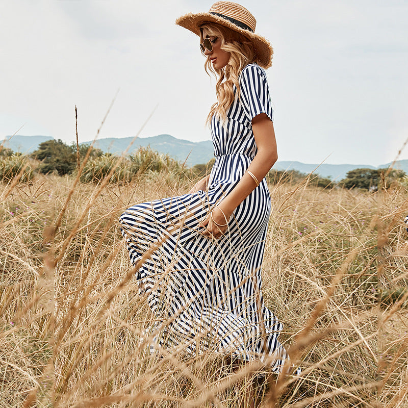 Women's V-neck High Waist Navy Blue Single-Breasted Short Sleeve Striped Dress