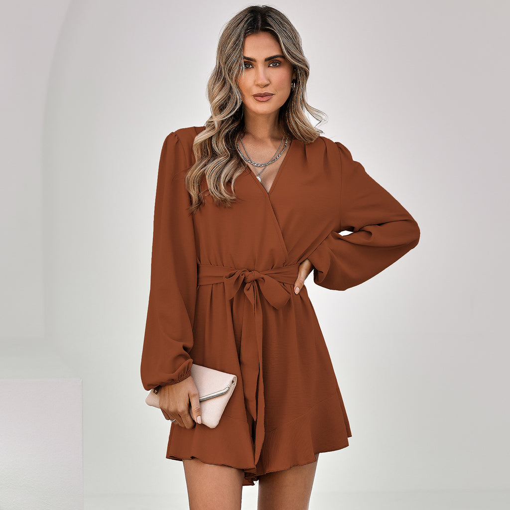 2022 autumn and winter European and American women's clothing V-neck long-sleeved fashion solid color lotus leaf jumpsuit women