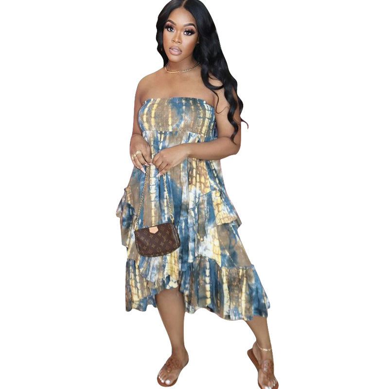 Color Tie-Dye Dress Bandeau Sexy Printed plus Size Beach Dress