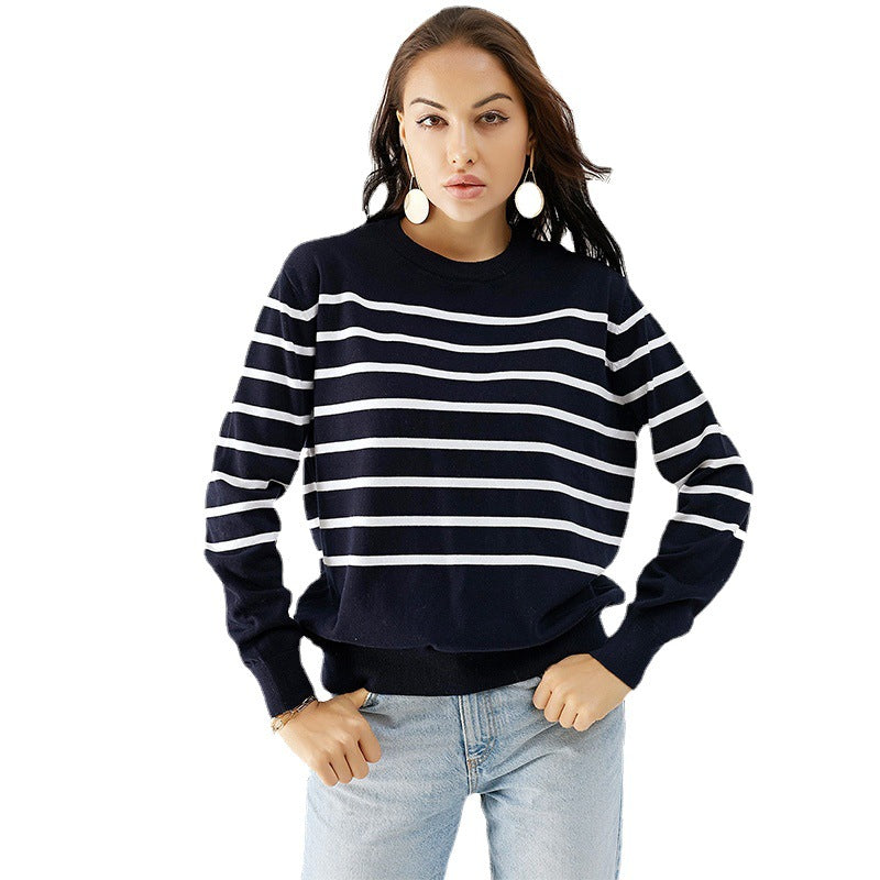 European and American Striped Sweater Women's Fashion round Neck Long Sleeve Pullover Women's Top