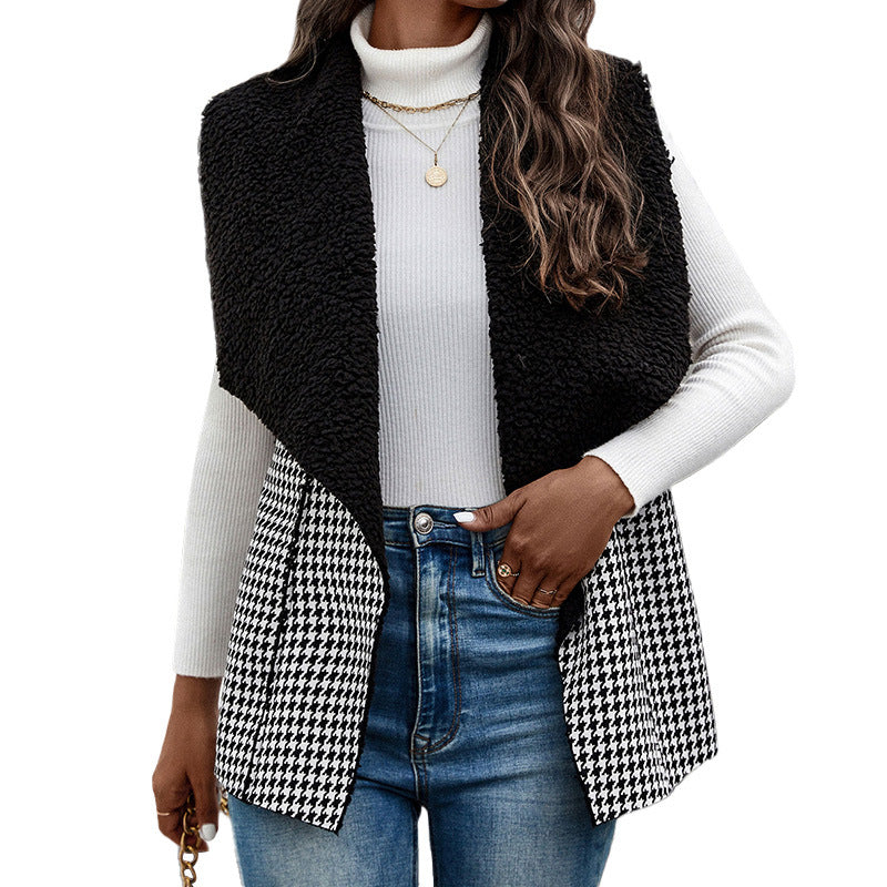 Elegant Lamb Wool Stitching Houndstooth Vest Coat