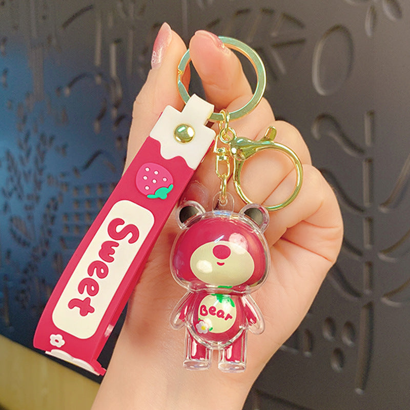 Creative Cartoon Acrylic Strawberry Bear Keychain Cute Fashion Couple Car Key Chain Bag Ornaments