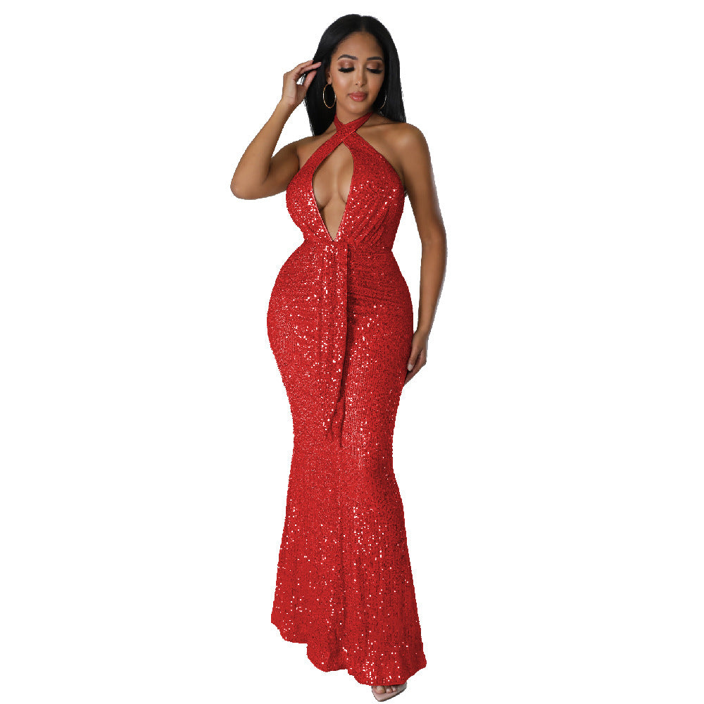 Fishtail Skirt Halter Cut-out Ribbon Sequined Sexy Nightclub Dress Dress