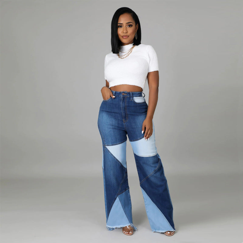 European and American plus Size Women's Clothes Stitching Two-Tone Denim Trousers for Women