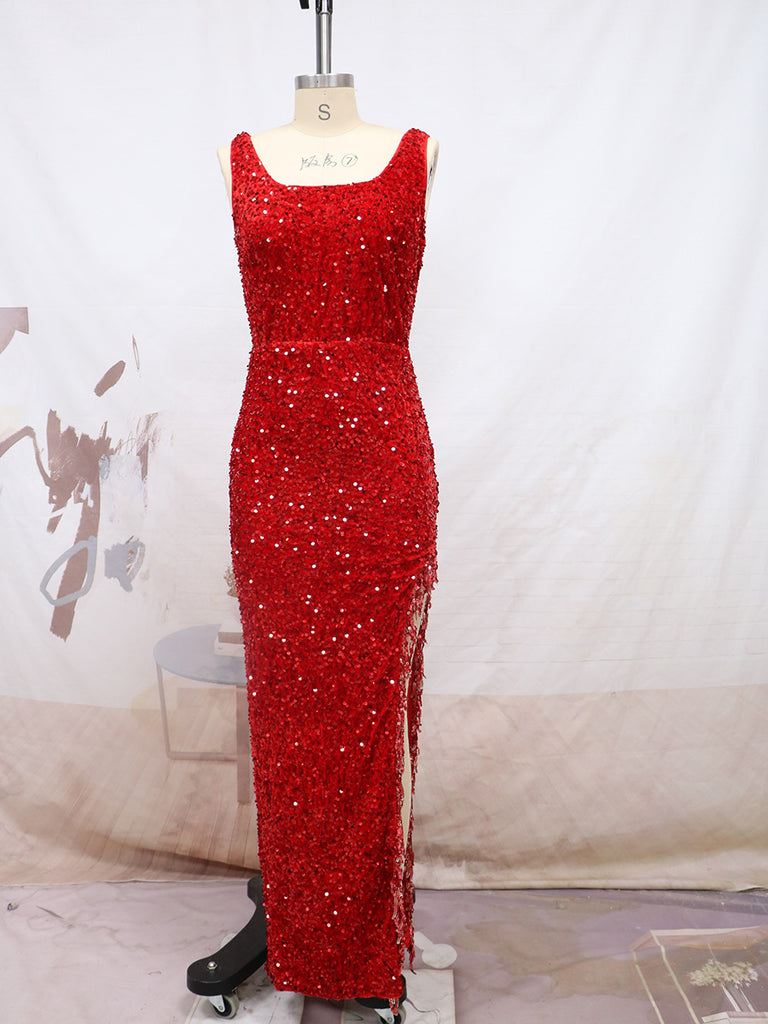 Women's European and American Sexy Sequined Tassel Split Dress Banquet Dress