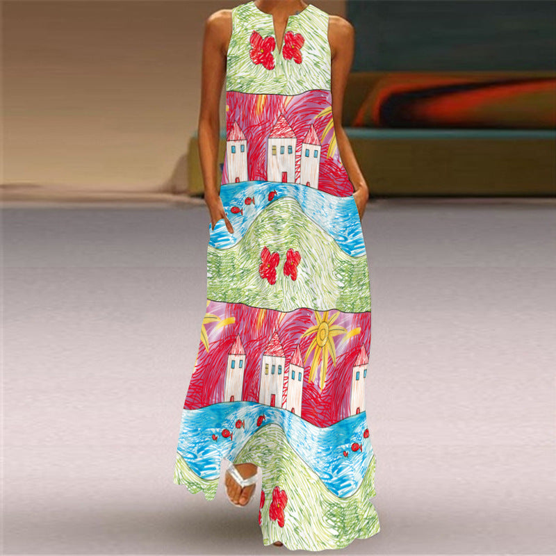 European and American Retro Printed Long Dress V-neck Multicolor Long Sexy Sleeveless Dress