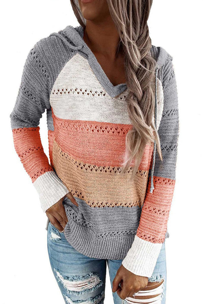 Contrast Color Sweater Women's V-neck Hooded Knitted Sweater for Women