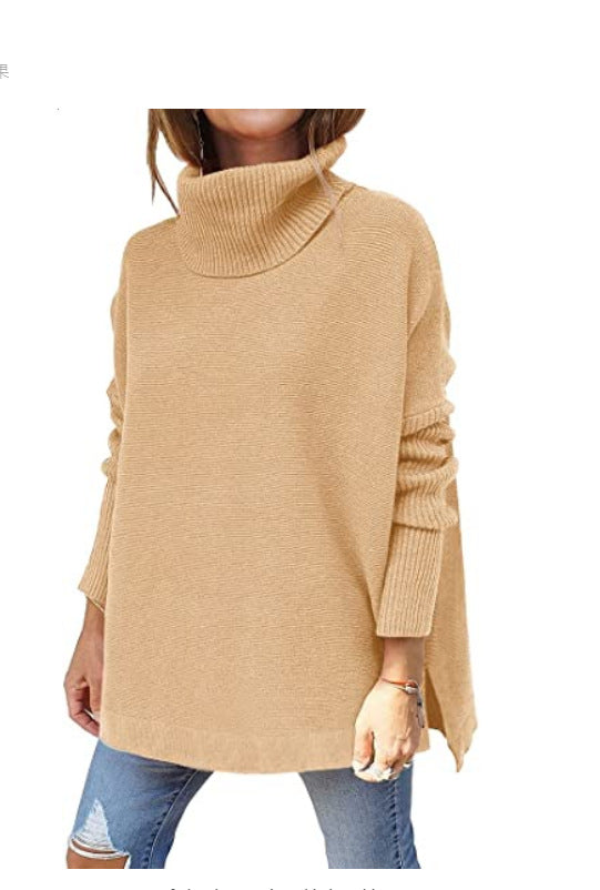 Women's Turtleneck Oversized Sweater Mid-Length Batwing Sleeve Hem Waist Pullover Sweaters Top