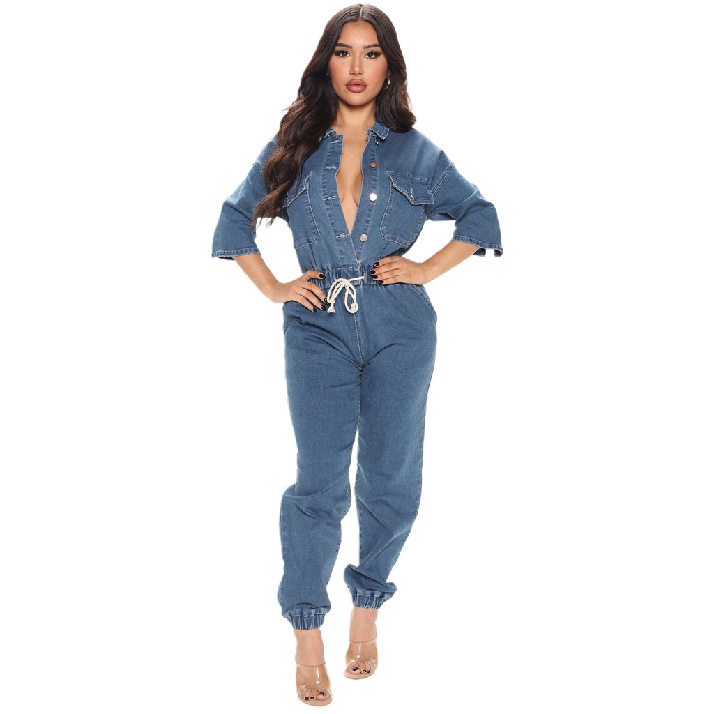 Denim Jumpsuit Europe and America Cross Border Hot Selling Slim Waist Washed Three-Quarter Sleeve Jumpsuit