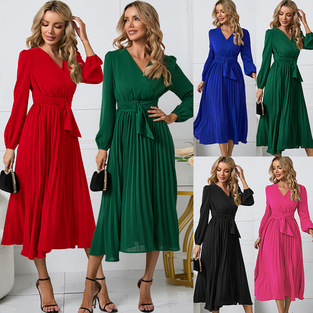 Women's New Long Sleeve Slim-Fit Pleated Belt V-neck Dress A- line Skirt