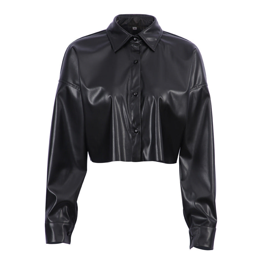 PU Leather Coat European and American Women's Clothing Street Hot Girl Middle Section Domineering Shirt Long Sleeve Short Shirt Motorcycle Style