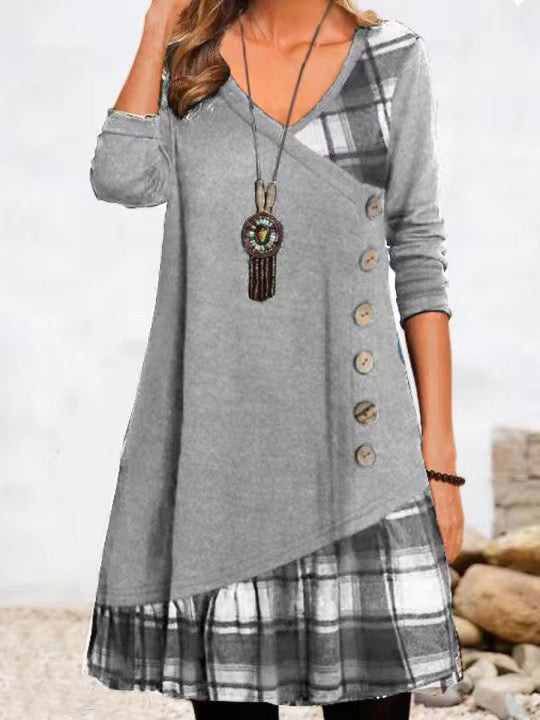 Casual Patchwork Button Long Sleeve Dress