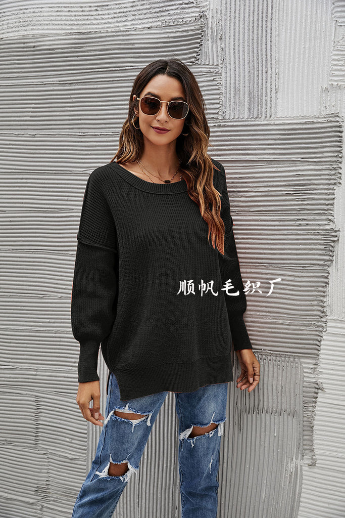 Fashion Pullover Sweater round Neck Loose off-the-Shoulder Large Size Solid Color Sweater