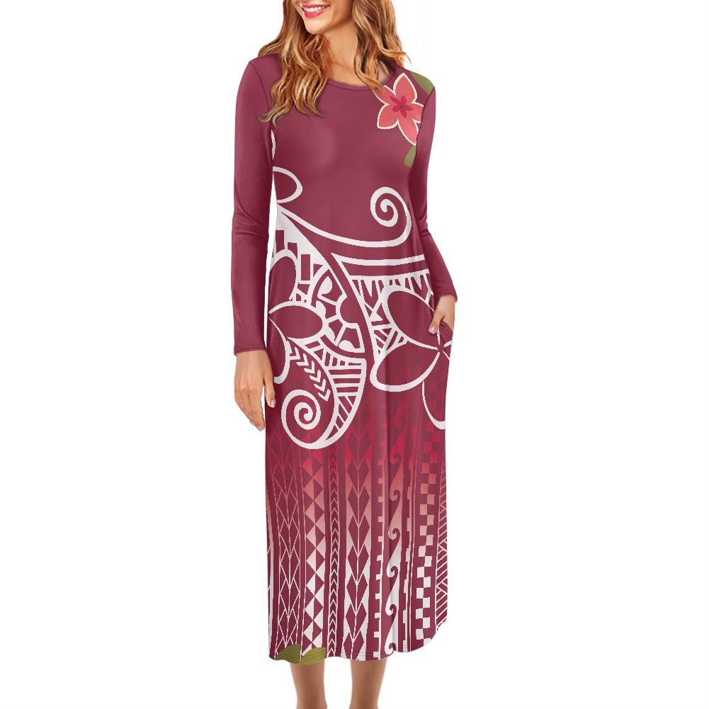 Hawaiian Print Dress Large Size Long Sleeve Round Neck Foreign Trade Women's Long Skirt
