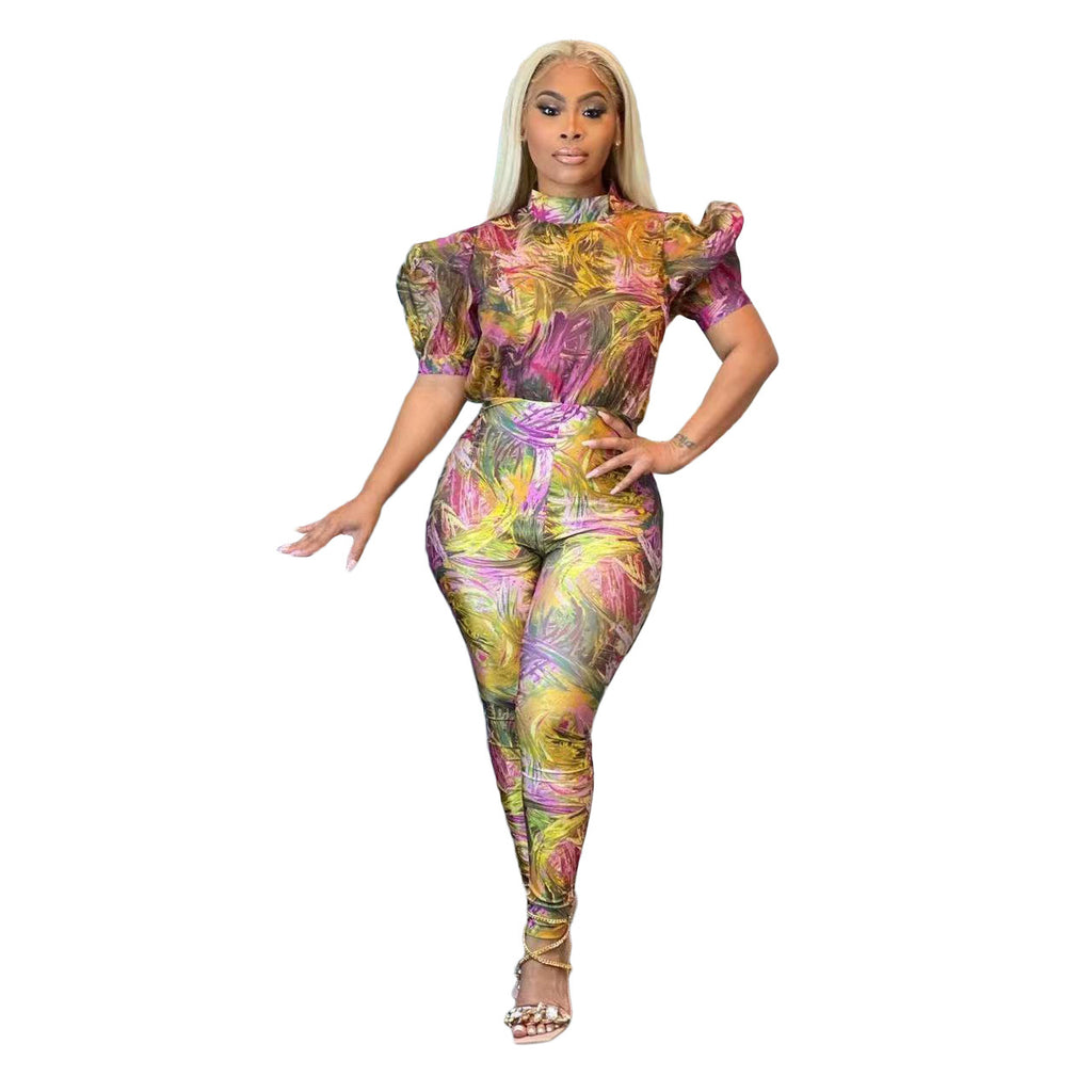 Tight Short Sleeve Printed Puff Sleeve Jumpsuit