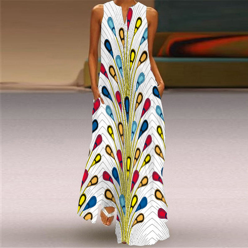 Fashion Sexy Digital Printed V-neck Sleeveless Maxi Dress Pocket European and American Style Dress