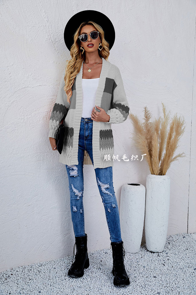 Fashion Women's Wear Sweater Cross-Border Color Contrast Patchwork Mid-Length Loose Knitted Cardigan Coat