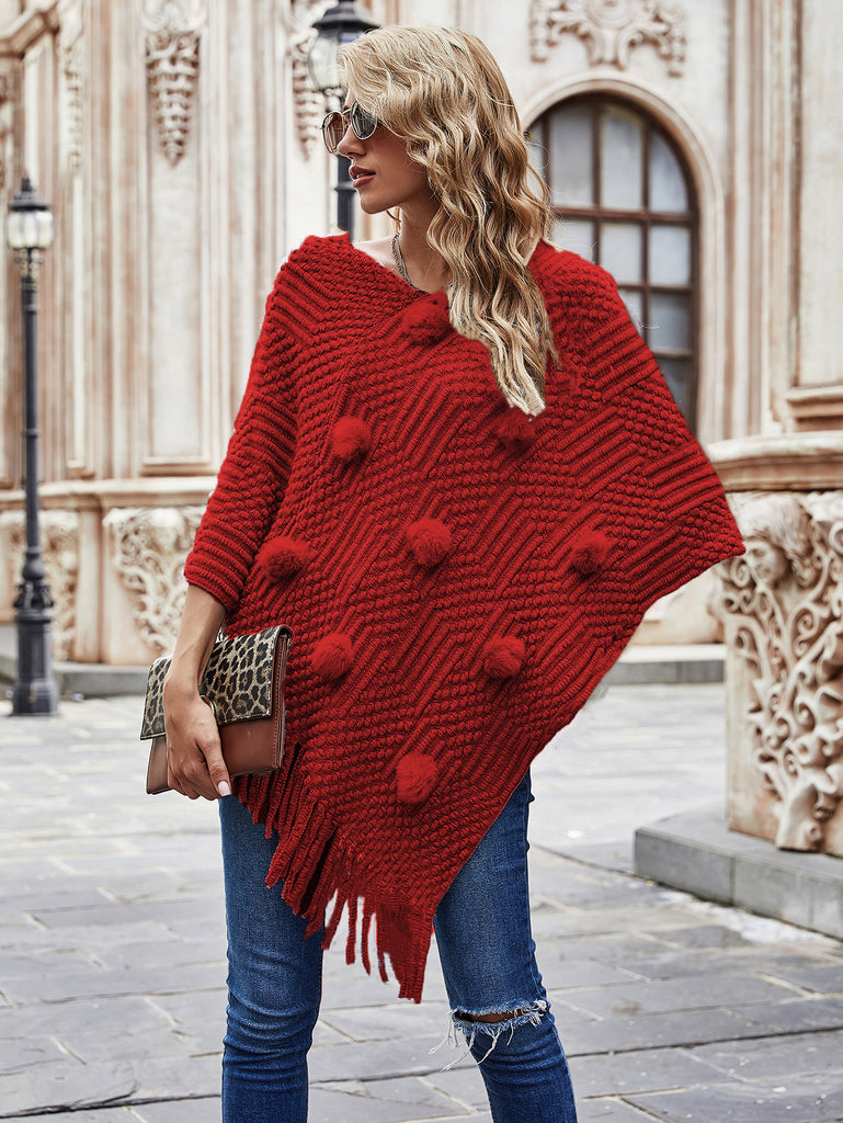 Autumn and Winter New Mid-Length Hairy Ball Tassel Shawl Sweater