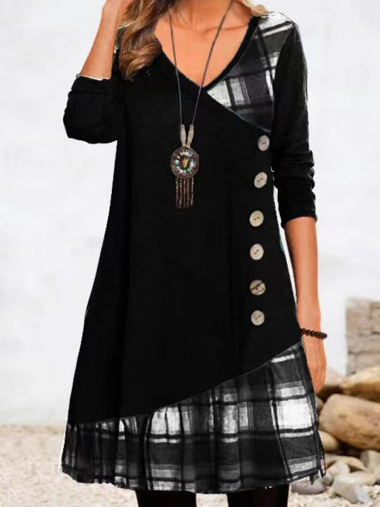 Casual Patchwork Button Long Sleeve Dress