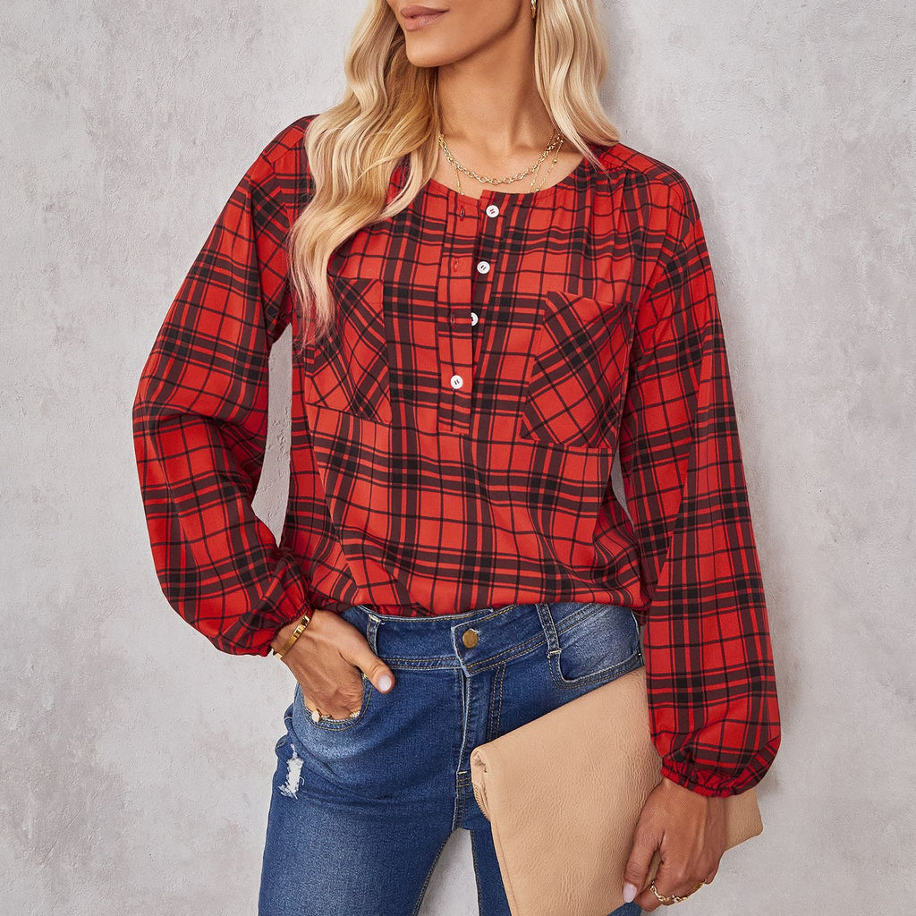 2022 Autumn New Shirt Women's Fashion Plaid Crew Neck Shirt Fashion