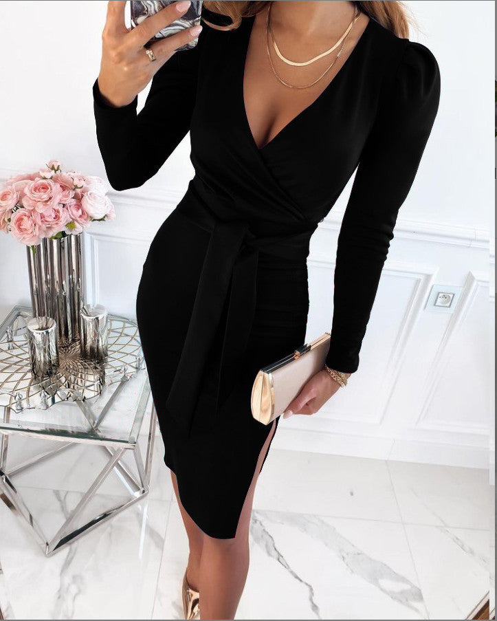 V-neck Sexy Temperament Commute Lace-up Solid Color Dress for Women
