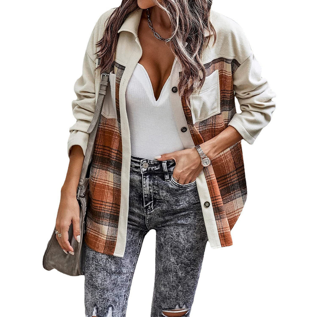 Woolen Plaid Coat Contrast Color Casual Loose Pockets Shirt for Women