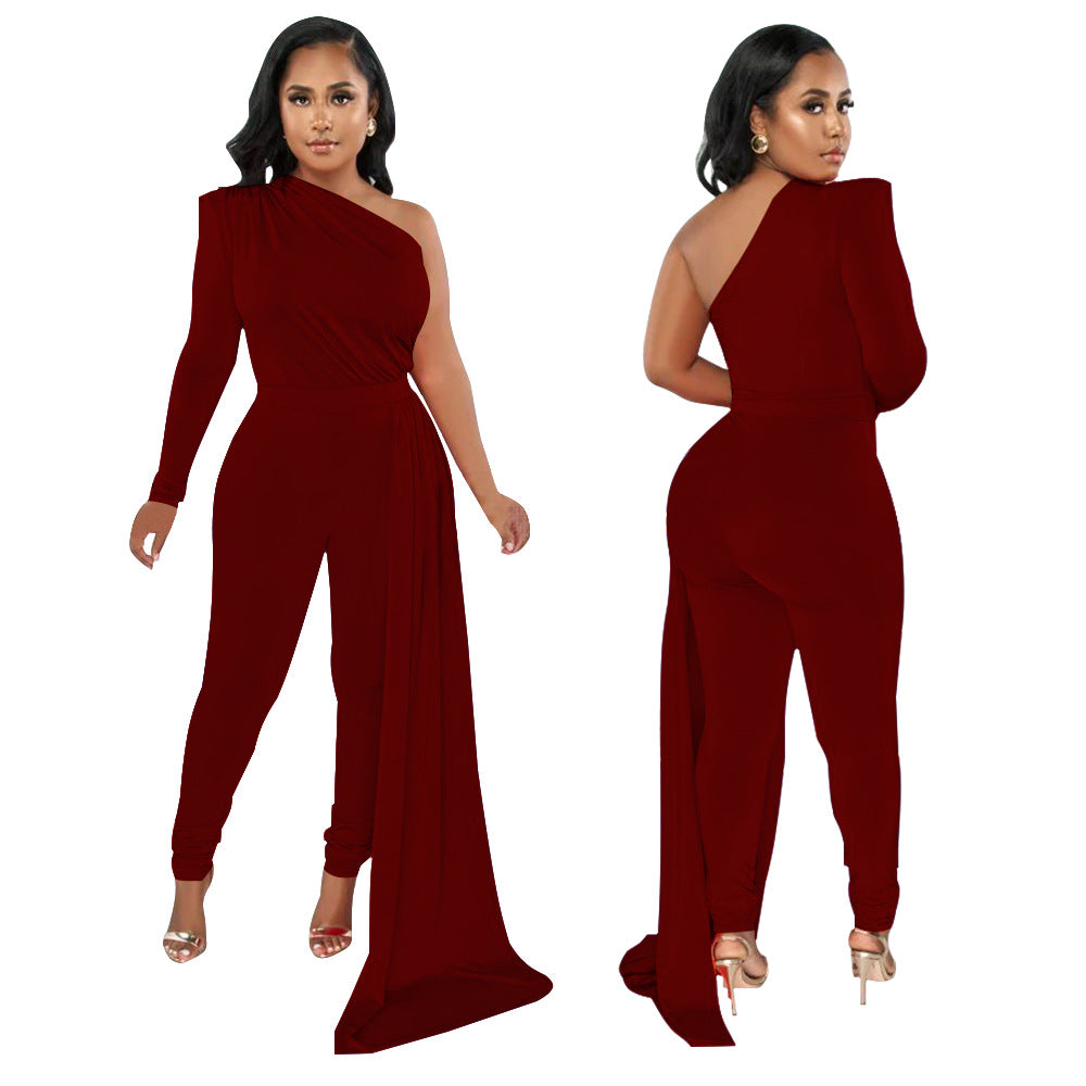 Women's Pleated Shoulder Pure Color Tight Jumpsuit