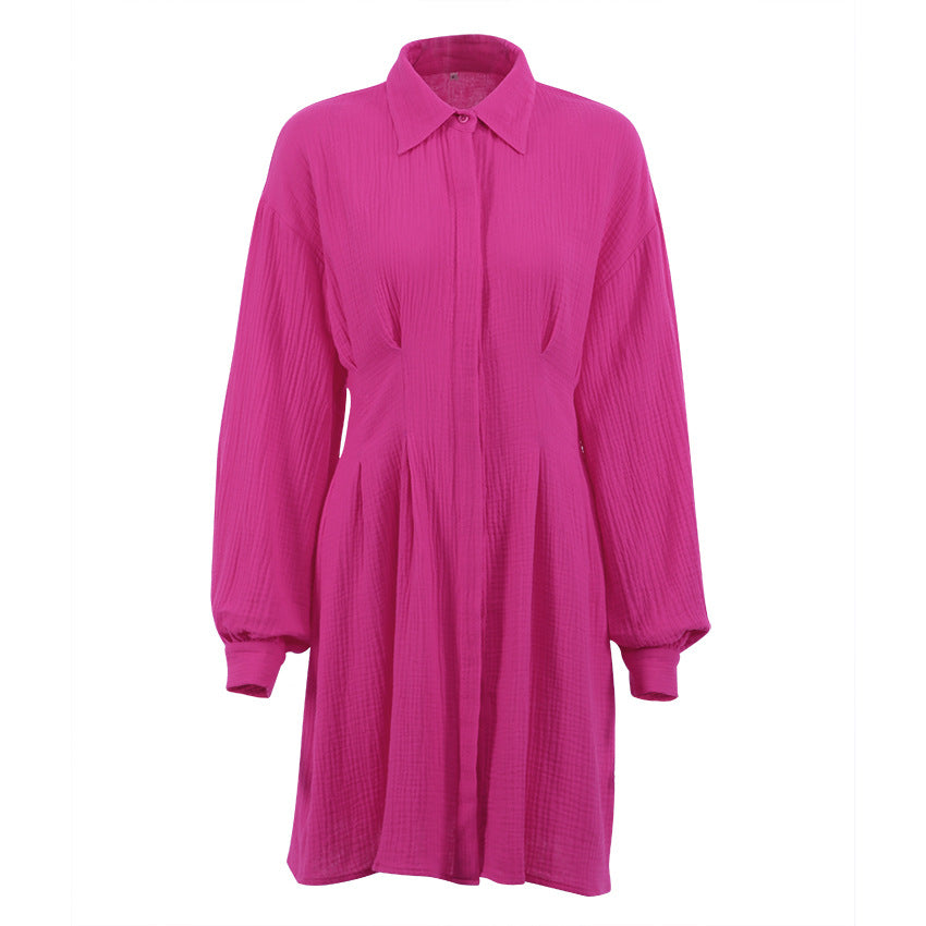 Commuter Shirt Dress Cotton and Linen Dress French Waist-Controlled Long Sleeves A- line Dress for Women