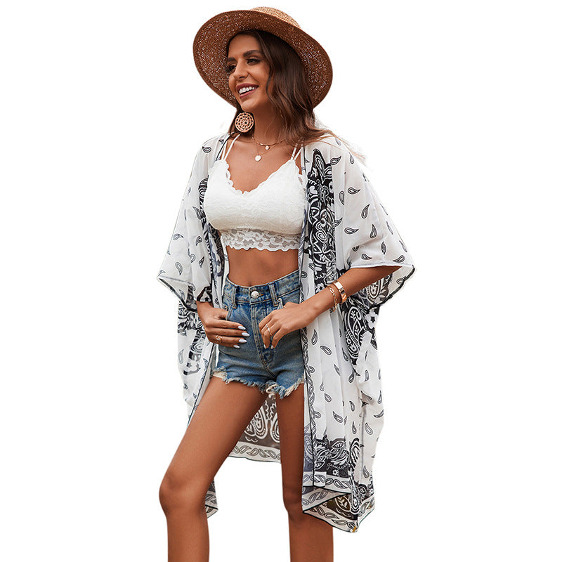 Cardigan Bohemian Cloak Blouse Short Sleeve Printed Beach Vacation Sun Protection Clothing