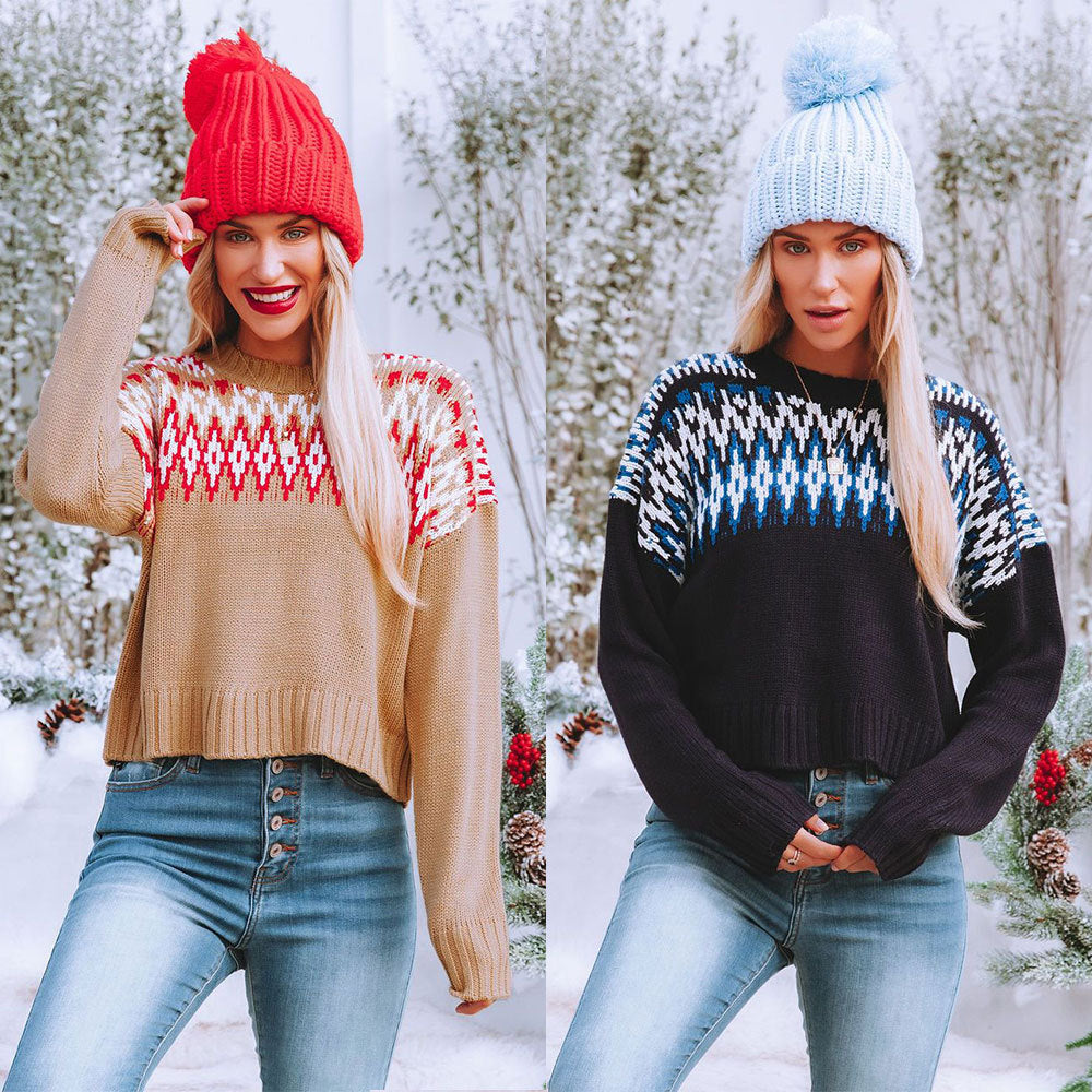 Women's Retro Diamond Patterns Knitwear Fashionable Large Size round Neck Sweater for Women