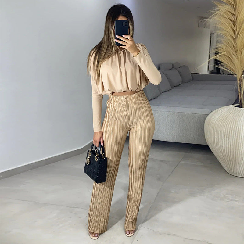 European and American Women's Clothing 2023 Spring O-neck Short Long Sleeve Underwear Blouse Pleated High Waist Casual Trousers Two-Piece Set