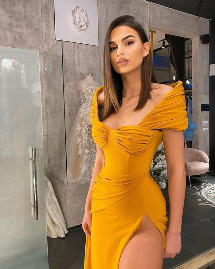 Evening Dress Fashion off-Neck Yellow Split Sexy Evening Dress