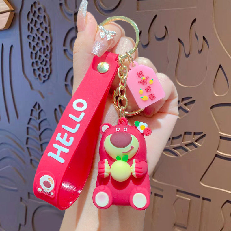 Cute Strawberry Bear Keychain Pendant Cartoon Couple Car Shape School Bag Key Chain Accessories Little Creative Gifts