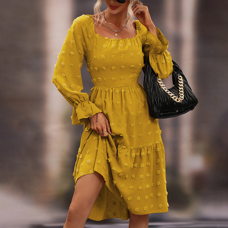 Autumn Three-Dimensional Embossed Chiffon Midi Long Sleeve Dress